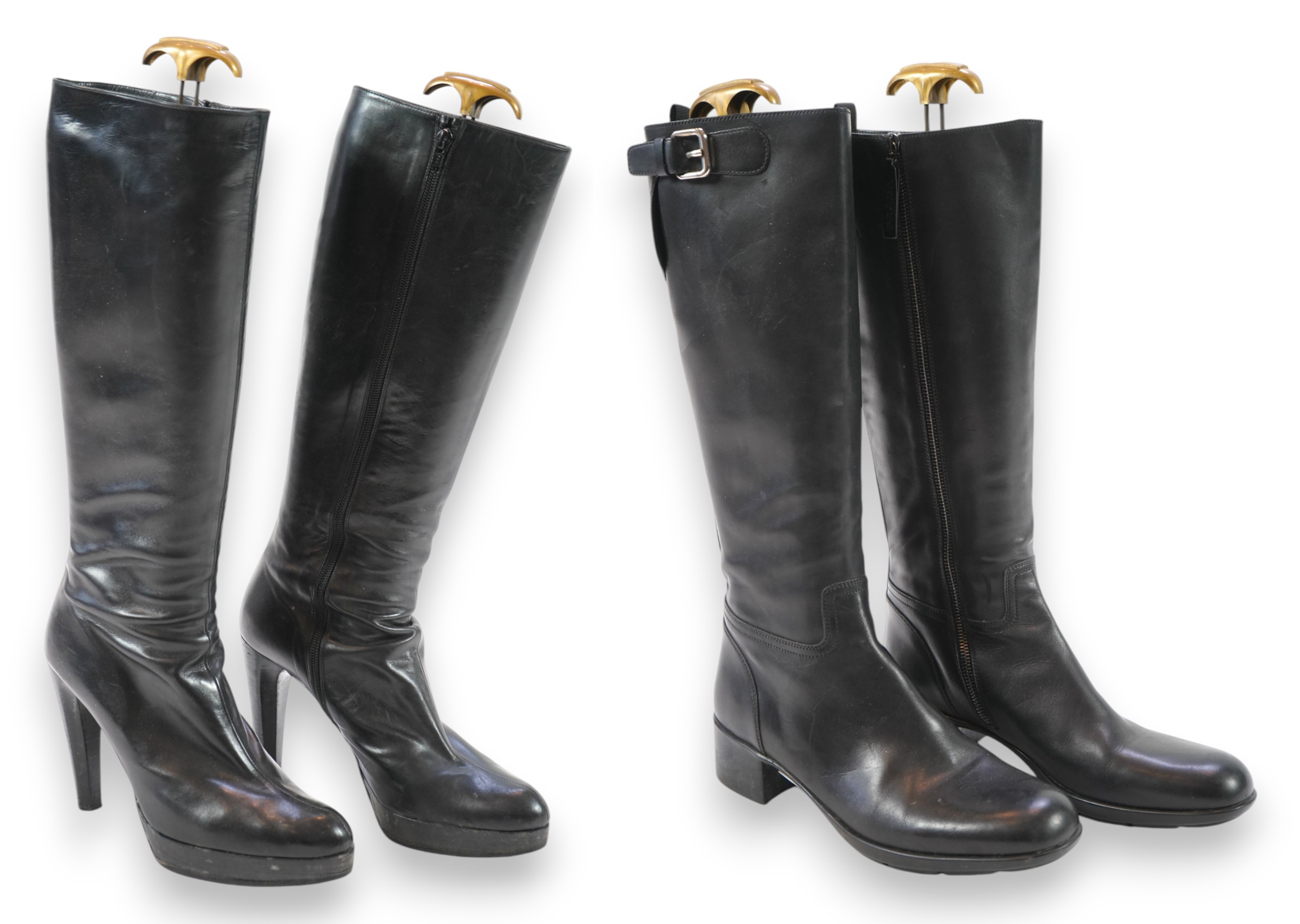 A pair of lady's Prada black leather boots and a pair of Russell & Bromley platform black leather knee high boots. size EU 40 (approx UK size 7.5)